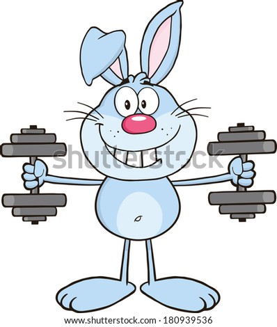 Smiling Blue Rabbit Cartoon Character Training With Dumbbells. Raster Illustration Isolated on white
