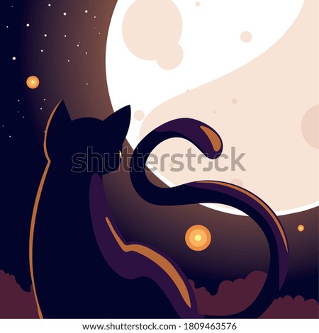 halloween background with cat in dark night and full moon vector illustration design