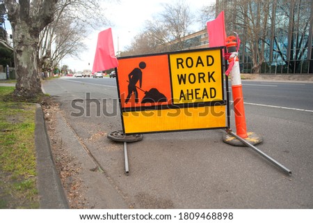 Road sign Road work ahead. Australia, Melbourne. Warning sign. 
