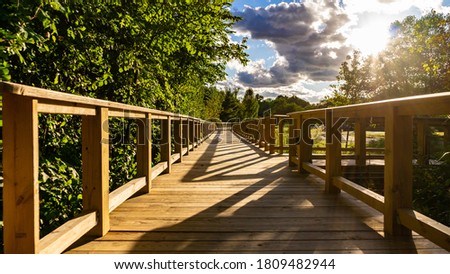 A wooden path with a blue sky at sunset.