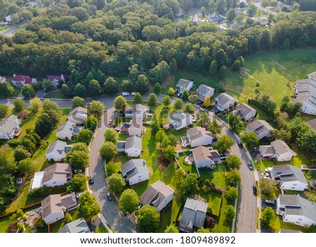 Wide panorama, aerial view with tall buildings, in the beautiful residential quarters and green streets Cleveland Ohio US