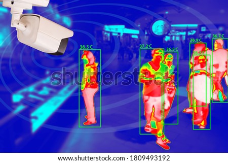 CCTV or thermogram camera scan system hi-technology to check body temperature before access to  service for against epidemic flu covid19 or corona virus as show in green block normal concept. Royalty-Free Stock Photo #1809493192