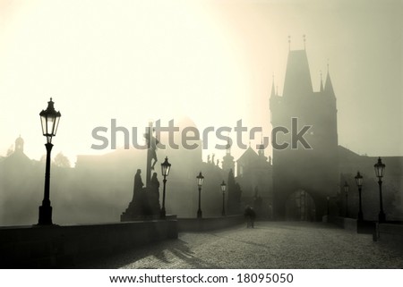 Charles bridge in Prague - morning in fog Royalty-Free Stock Photo #18095050