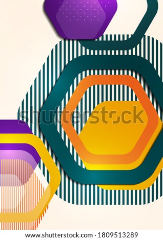 Bright abstract background of rounded multicolored hexagons and lines. Business presentation template. Modern geometric design. Vector illustration