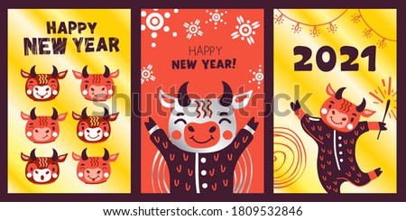 Set of greeting cards. Merry Christmas and Happy New Year! Chinese postcards with funny bulls. Vector illustration in traditional oriental colors. The year of the bull is 2021.