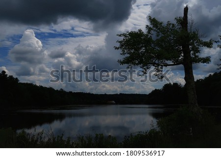 A landscape photo of a tree over a pond with clouds above exposing blue sky color as well as a good reflection, and a distant passing trailer truck in the background.  Royalty-Free Stock Photo #1809536917