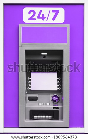 ATM machine, photo of one object in detail as a background, purple color