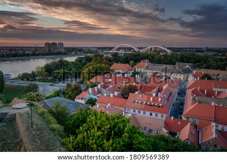 Petrovaradin city in Serbia, rooftop view sunset. Beautiful sky. Travel to the Balkan countries