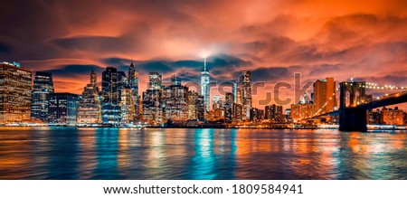 View of Manhattan at sunset, New York City.