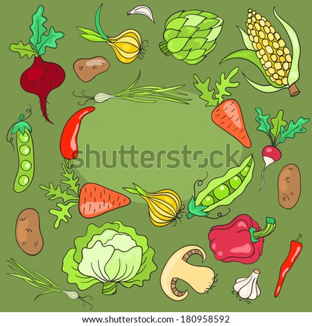 Card with vegetables. Vector cartoon illustration.
