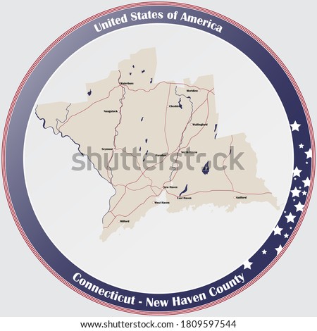 Round button with detailed map of New Haven County in Connecticut, USA.