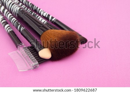 Makeup brushes on pink background with room for text