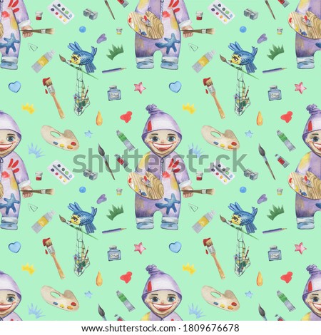 Seamless pattern with with a artist and artist’s tools - brushes, paints, palette, pencils. Hand-drawn watercolor background with art materials and tools.