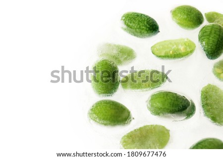 Close up of frozen cucamelon in ice, white background. Horizontal poster, banner, copy space. Concept of shock freezing of food. Preservation of summer vitamins. Group of small green exotic fruits