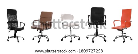 Set of different office chairs on white background. Banner design 