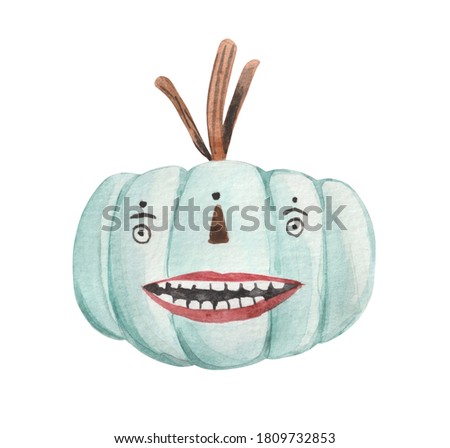 Watercolor Halloween pumpkin with Jack's face. Element in a cartoon good-natured style. Ideal for children's design compositions and products.