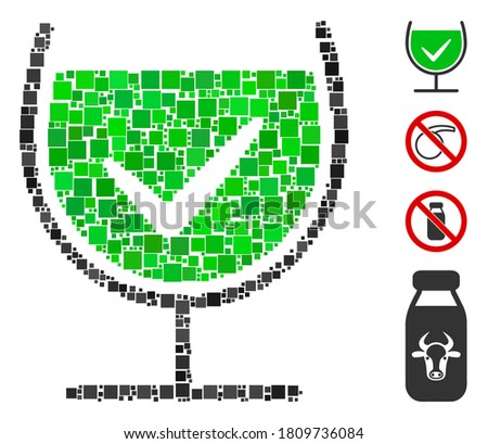 Collage True drink glass icon constructed from square items in variable sizes and color hues. Vector square items are arranged into abstract collage true drink glass icon. Bonus icons are added.