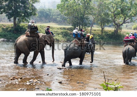 Tourists riding elephants across the river Royalty-Free Stock Photo #180975101