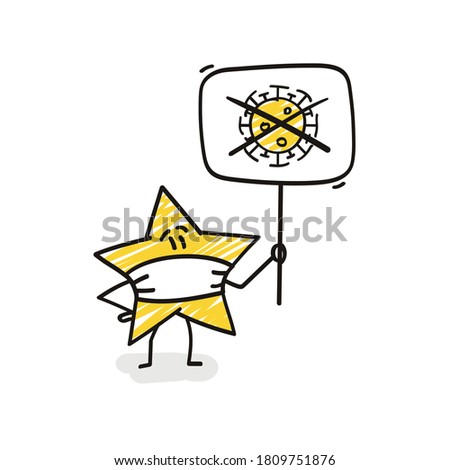 Doodle stick figures: Funny star with a sign in her hands no coronavirus.