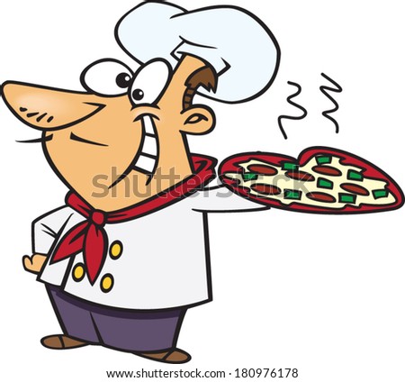 cartoon man holding a heart shaped pizza
