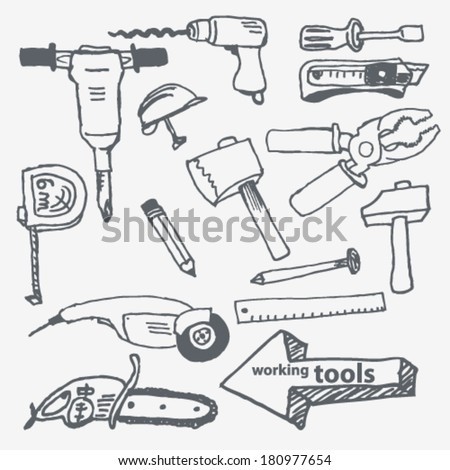 Vector hand-drawn working tools set on paper illustration