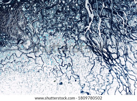 Earth surface from space, delta of Lena River, Siberia, Russia. Aerial view of winter landscape, abstract texture background. Nature pattern on satellite photo. Elements of image furnished by NASA.