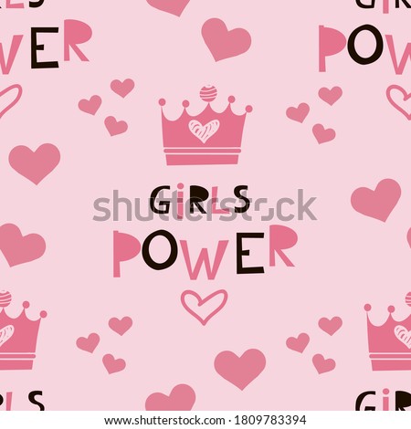 Seamless pattern Girl power  lettering in cartoon style. Woman motivational slogan. Women empowerment movement pattern. Inscription for t shirts, posters, cards. Vector illustration.