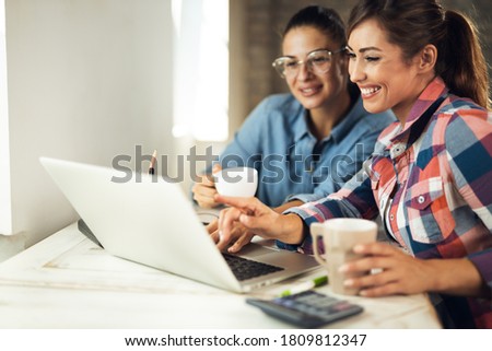 Young cheerful business women cooperating while working on a computer in the office
