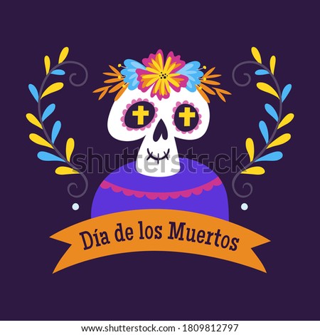 Day of the Dead (Día de los Muertos) Label. Cartoon Mexican Female skull with flat ribbon and text decoration in Spanish. Cute vector Illustration.
