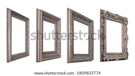 Set of silver frames for paintings, mirrors or photo in perspective view isolated on white background