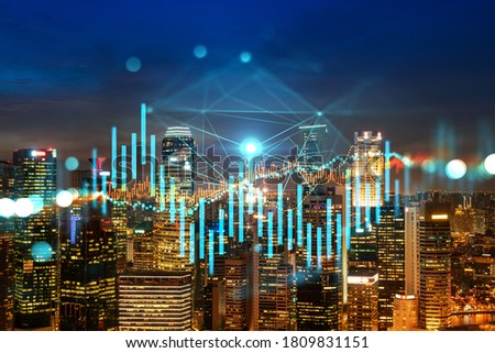 FOREX graph hologram, aerial night panoramic cityscape of Singapore, the developed location for stock market researchers in Asia. The concept of fundamental analysis. Double exposure. Royalty-Free Stock Photo #1809831151