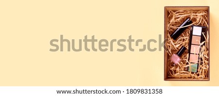Make up concept idea, flat lay photo. Cosmetic accessory, isolated on yellow background, copy space template, banner.