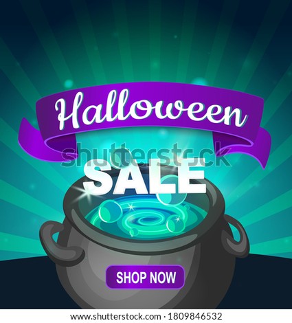 Halloween Sale Banner with 
witches cauldron. Vector illustration.