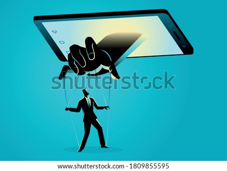 Vector illustration of smart phone controlling man. Social media, gadget, technology dependency concept Royalty-Free Stock Photo #1809855595