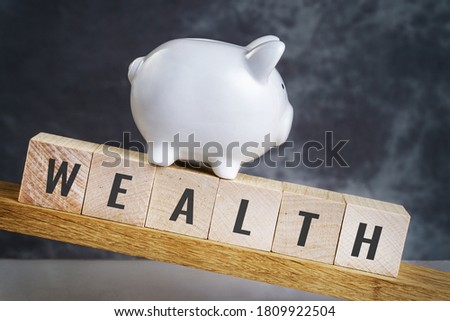 Word wealth spelled in letters on wooden block under the piggy bank tilted down against dark background. Reducing welfare concept.