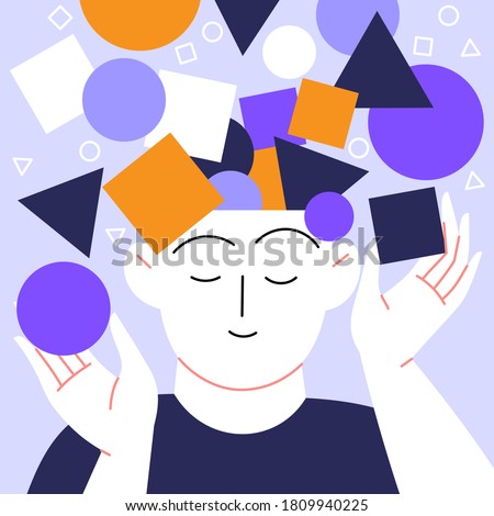Mental health self help concept flat illustration. A person with abstract geometric figures coming from their head. Peaceful vibe Royalty-Free Stock Photo #1809940225