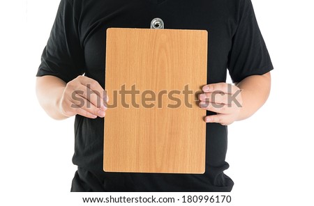 close up of man hands showing wooden blank board on white background isolated