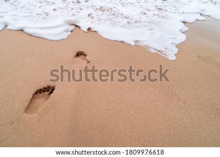 Human footprint on sand summer tropical beach background with copyspace.