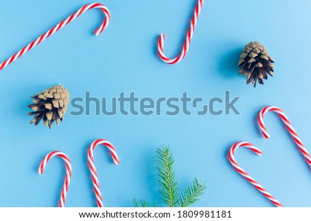 Christmas composition. Christmas candy canes, cones and fir branches flat lay, top view on pastel blue background.Holiday festive celebration greeting card with copy space fo text. Christmas