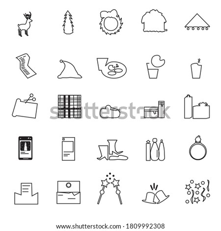 Christmas icons: deer, tree, wreath, snowed house, lights, list, hat, cookies and milk, hot drink, scissors, wrapping paper, tape, gifts, phone, shoes, bottles, ring, invite, wands, hats and confetti.