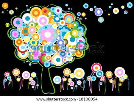 abstract design with stylized tree and flowers