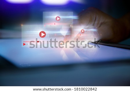 live video content online streaming marketing concept.Close-up of female hands using digital tablet Royalty-Free Stock Photo #1810022842