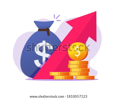 Money profit growth up, cash benefit, economic inflation dollar value increase vector icon, financial earning revenue interest symbol, economy investment arrow up flat cartoon, concept of budget boost Royalty-Free Stock Photo #1810057123