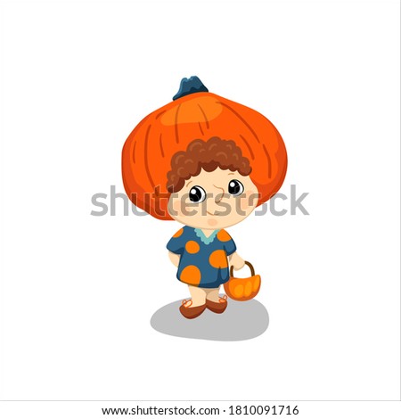 Cute kid in Halloween costume, vector character isolated on white background. Pretty little girl dressed for Halloween party. Girl in pumpkin head. Halloween party character. Creepy carnival mascot
