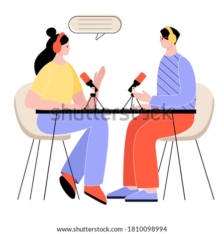 People recording a podcast in the studio. The radio host is interviewing a guest. vector illustration in flat style