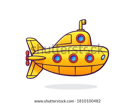 Submarine with periscope and portholes. Yellow bathyscaphe. Traveling on diving ship. Underwater transport. Vector illustration with outline in cartoon style. Clip art Isolated on white background