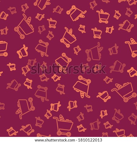 Brown line Shopping cart and food icon isolated seamless pattern on red background. Food store, supermarket.  Vector Illustration