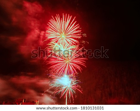 Bright flash of fireworks in red shades. Photo with filter