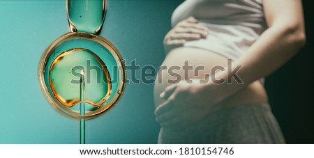 Ovum with needle and sperm for artificial insemination or in vitro fertilization. Concept of artificial insemination or fertility treatment. Image Royalty-Free Stock Photo #1810154746