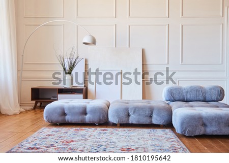 Modern grey and white interior with sofa, spacious living room with white walls, wooden floor and carpet on the floor. A real photo of the interior.